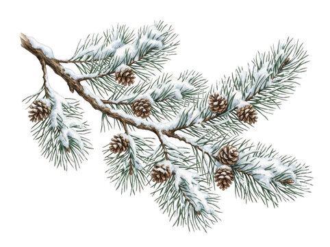A pine tree branch with green needles and small brown cones covered in fresh white snow during winter