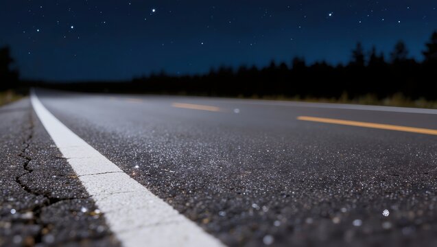 A close-up view of a dark asphalt highway surface with a white edge line marking and subtle texture under a starry night sky and a distant horizon forest silhouette