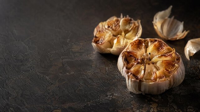 Roasted garlic halves with loose papery skins on stone