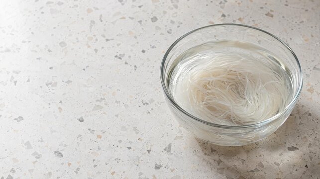Rice noodles soaking in a clear bowl on a kitchen counter