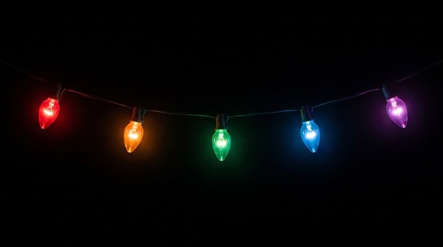 A string of five colorful christmas lights glowing against a dark black background