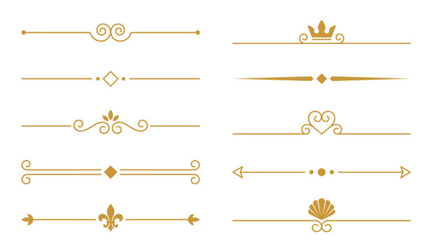 Royal golden ornamental dividers. Classic crown, fleur-de-lis, heart, shell, diamond and swirl flourish separators. Vintage elegant gold line borders and header rules for menu. Vector set
