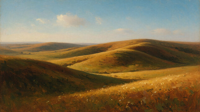 Golden rolling hills landscape under soft blue sky with gentle clouds and warm late afternoon