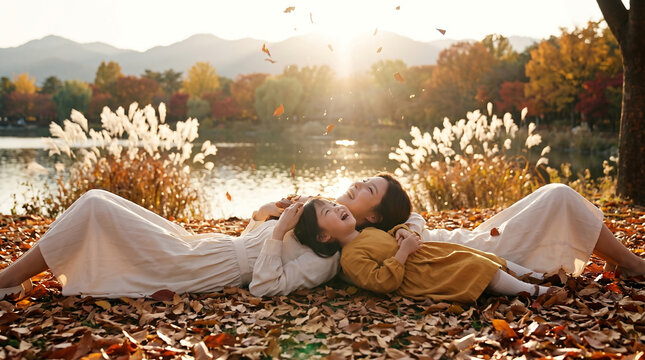 가을 낙엽 위에 누워 쉬는 엄마와 딸 &middot; Mother and Daughter Lying on Autumn Leaves by Lake