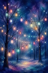 Obraz premium Magical winter forest with glowing lanterns and dreamy lights