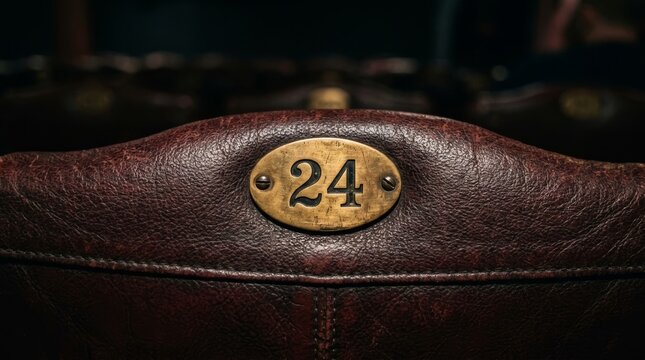 A vintage theater chair shows the number twenty four on a brass plate.