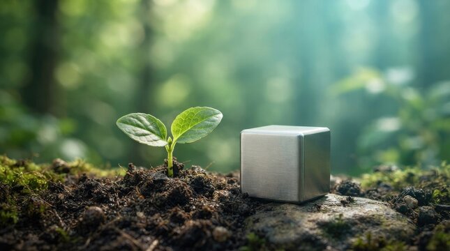Small green plant seedling growing next to a metallic silver cube on forest soil in nature