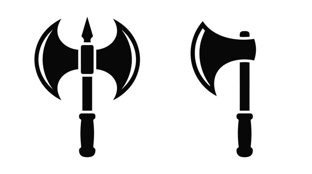 Two black silhouettes of medieval poleaxes against a white background