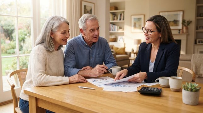 Financial advisor consulting with senior couple at home