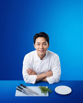 조리 도구와 접시 앞에서 팔짱 낀 남성 요리사 &middot; Male Chef with Arms Crossed Behind Knives and Plate