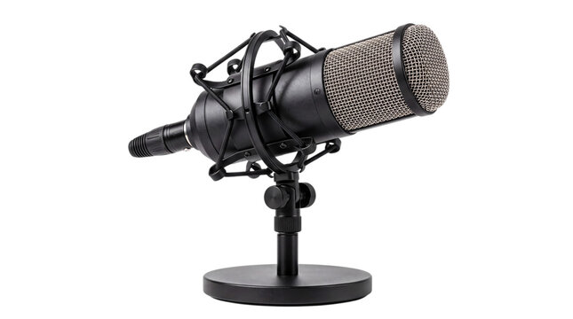 Black condenser microphone on stand isolated on transparent background