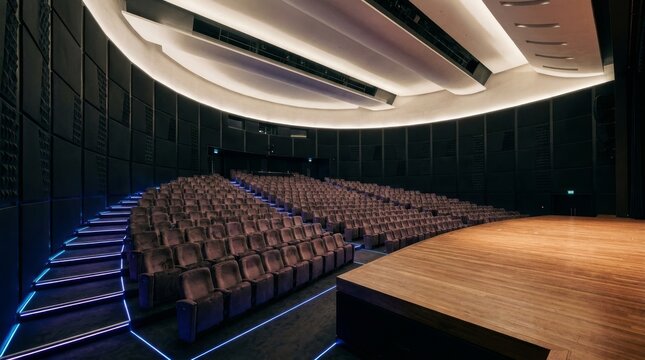 An empty modern auditorium features comfortable seats waiting for people to watch a show.