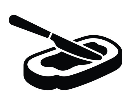 Butter spreading knife on fresh bread slice black silhouette icon for breakfast.