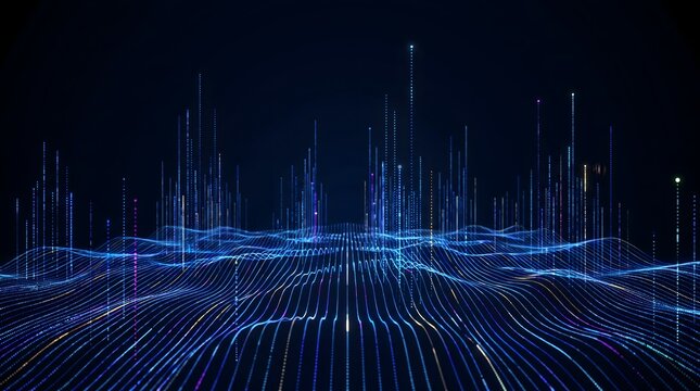 Abstract digital landscape of glowing blue and purple data streams representing information flow network connections or digital transformation with a dark background.