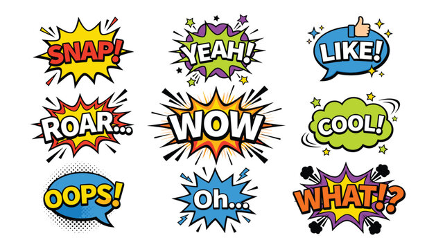 Pop art comic book speech bubbles vector sticker set with sound effects including wow snap oops roar and yeah expressions