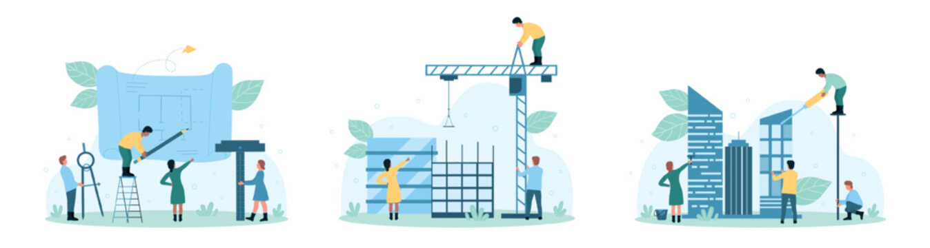 Architect job set vector illustration. Cartoon tiny people drawing paper blueprint project with pencil and compass, engineers work with construction crane and working tools to build model of house