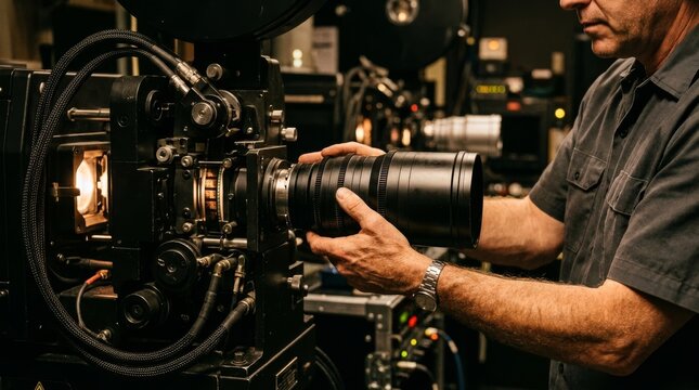A man carefully adjusts the lens on a big black film projector.