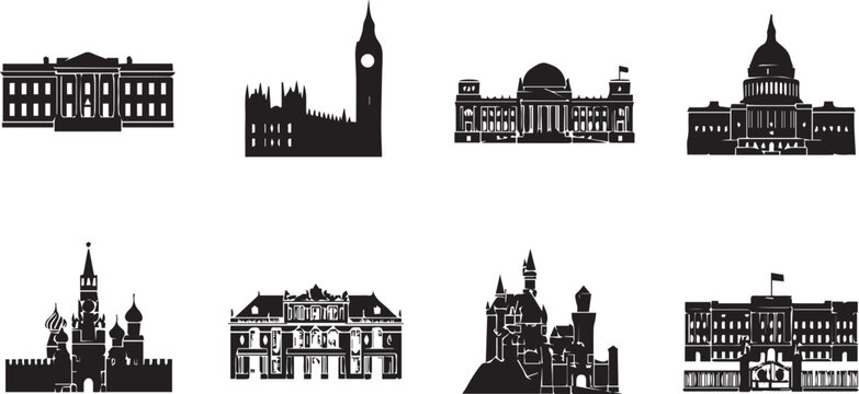 Famous government buildings and historic landmarks black silhouette vector icon set featuring capitol white house and castle