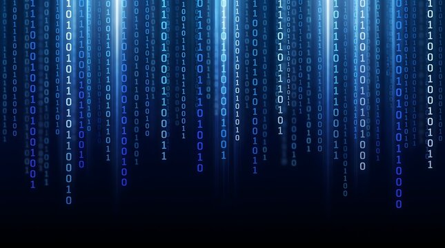 Digital stream of binary code abstract representation of data flow technology and information processing with glowing blue numbers on a dark background.