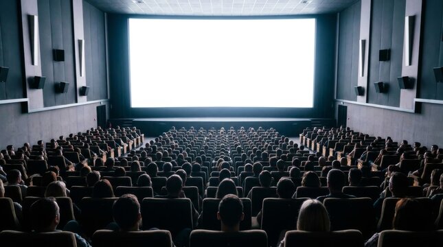 A large group of people sit and watch a movie in a dark theater.