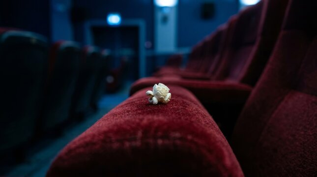 A piece of white popcorn lies resting on a red cinema seat.