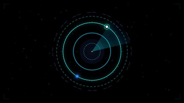 Futuristic digital radar screen interface with scanning light beam and glowing target points.