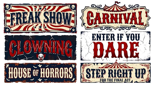 Vintage carnival horror signs featuring freak show and clown themes on banners.