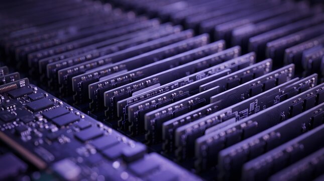 Rows of computer RAM modules memory sticks and circuit boards in a clean organized production or storage environment with a purple hue.