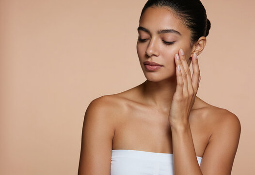 Young woman touching smooth glowing skin during beauty skincare routine against beige background in studio setting