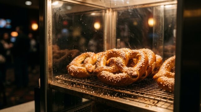 Fresh salted pretzels sit inside a warm display case at a local store.