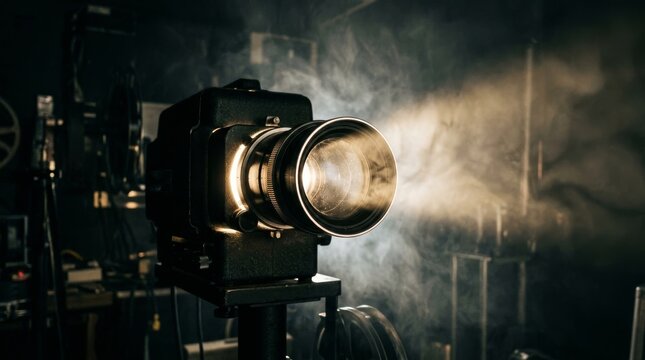 An old movie projector is shining bright light through dark smoke in a room.