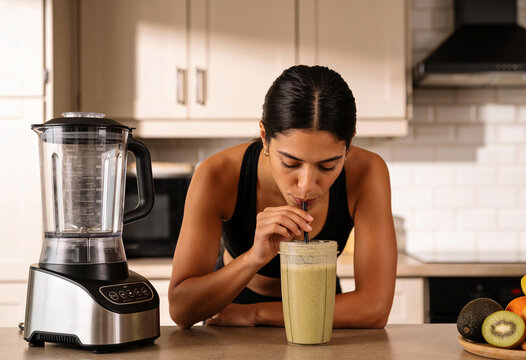 Hispanic woman drinking green vegetable smoothie through straw in bright modern kitchen healthy lifestyle morning