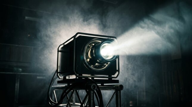 A large movie projector shines a bright light through smoke in a dark room.
