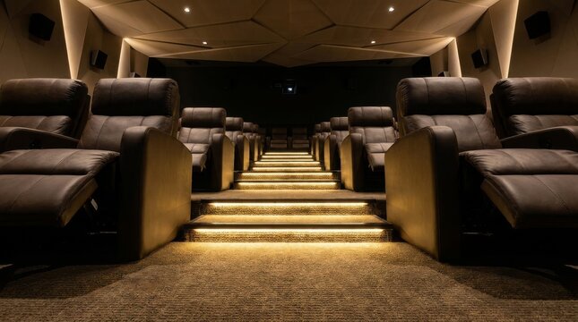 An empty luxury cinema features comfortable leather seats and glowing stairs waiting for movie guests.