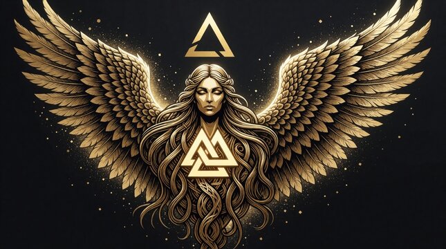 Golden Valkyrie with large feathered wings, long hair. Norse mythology goddess features Valknut symbol, triangle icon. Epic fantasy female warrior emblem isolated on black background. Mystical divine