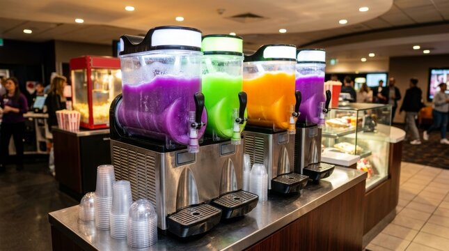 Multiple colorful slushie machines stand on a counter in a movie theater lobby.