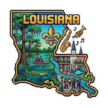Louisiana state map featuring cultural and natural elements