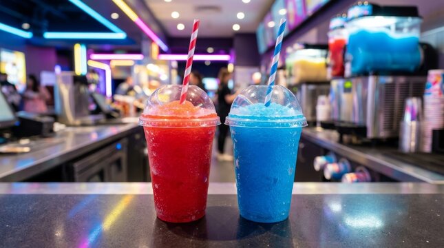Red and blue slush drinks stand on a counter in a game arcade.