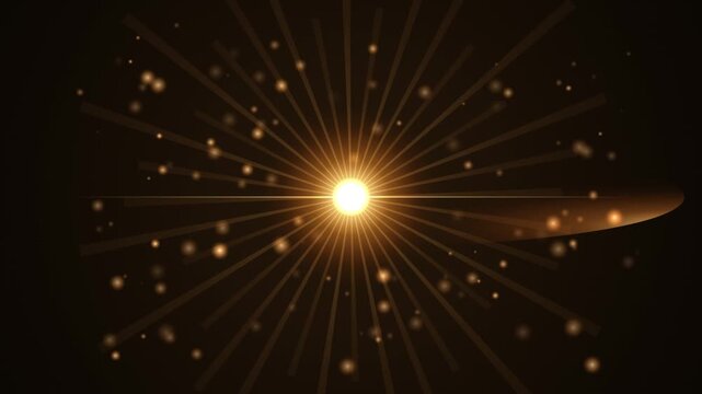 Abstract golden starburst backdrop with shimmering dust particles and dynamic light rays.