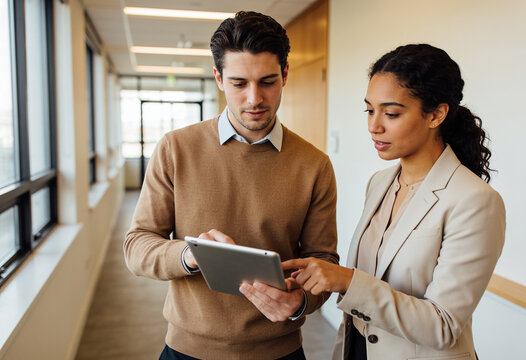 Diverse business colleagues collaborating on digital tablet in modern office hallway bright natural light