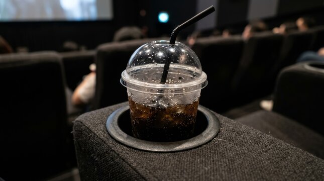 A plastic cup with a straw stands in the cup holder inside a cinema.