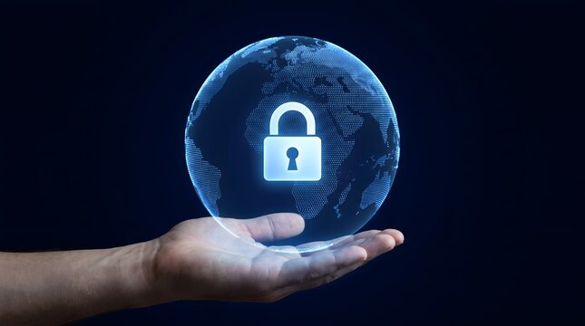 Human hand holding a glowing digital globe with a prominent padlock icon symbolizing global security data protection and cybersecurity concepts against a dark background.
