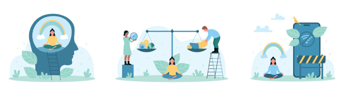 Mental balance set vector illustration. Cartoon tiny people care brain health with digital detox, relax and sit with rainbow in zen meditation, control equilibrium of money and calm lifestyle