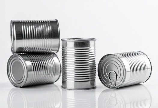 Group of blank silver tin cans stacked and arranged on white reflective surface in bright studio setting