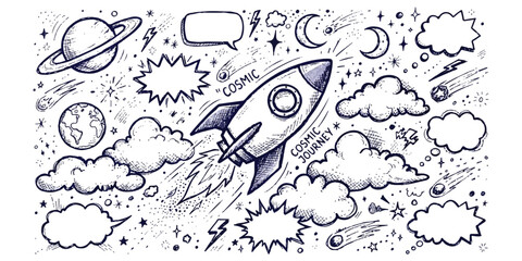 Hand drawn doodle set with space rocket planet and clouds in a sketch style © md