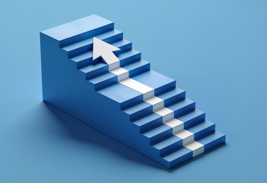 Blue stairs with white arrow pointing upward symbolizing business growth success and career progress 3D render