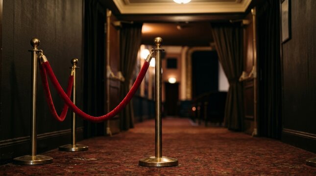Gold stanchions with red velvet ropes block the entrance to the cinema hall.