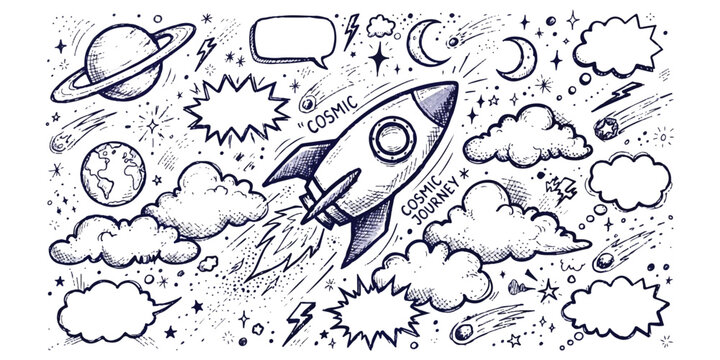 Hand drawn doodle set with space rocket planet and clouds in a sketch style