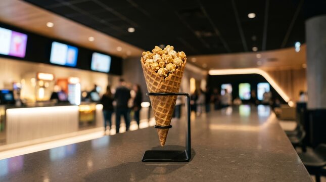 Sweet caramel popcorn sits inside a waffle cone standing on a cinema counter.