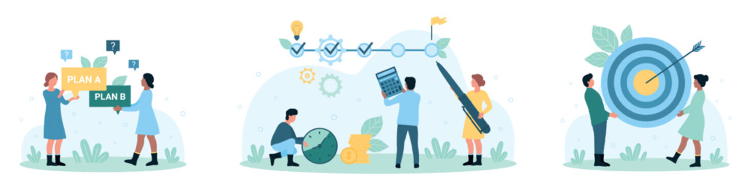 Business solution and goals set vector illustration. Cartoon tiny people choose between options, plan A and B scenario, mark points in timeline with pen, customers holding bullseye circle with arrow